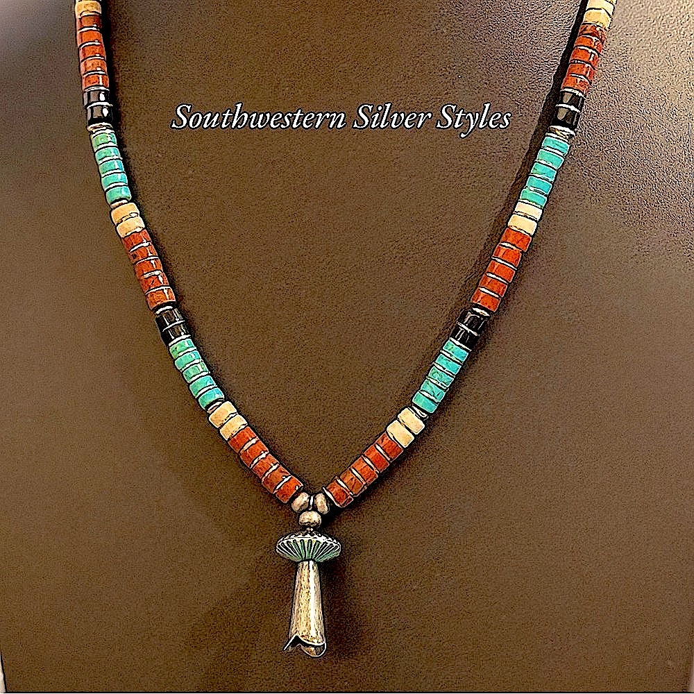 Western Turquoise Sterling Silver Navajo Pearls Squash Blossom Pendant Necklace